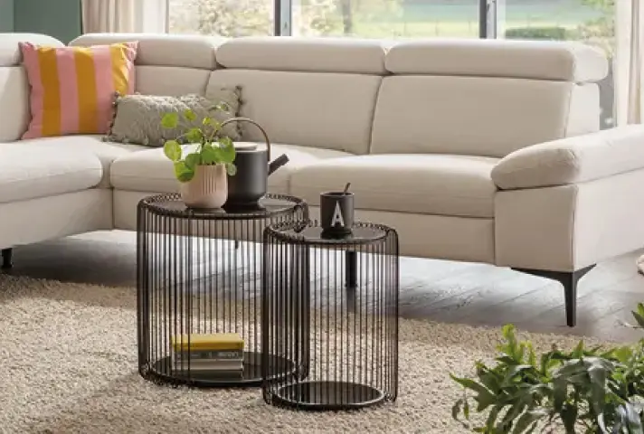 Beiges Ecksofa auf Hochflorteppich, davor zwei runde schwarze Draht-Beistelltische mit Pflanze, Kanne und Tasse, im Hintergrund grosse Fensterfront.
